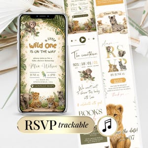 Puede incluir: Una invitación digital para un baby shower con temática de jungla. La invitación presenta una pantalla de teléfono inteligente con texto e ilustraciones de animales, incluidos leones, cebras y monos. La invitación también incluye información de RSVP.