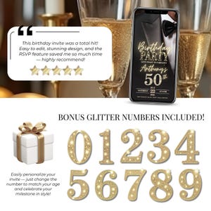Men’s 50th birthday digital invitation with RSVP and gold glitter numbers 0–9 included. Editable Canva template for milestone birthday parties, featuring elegant black and gold design, instant download, and customizable text, photos, and age. Bonus glitter numbers make it easy to adapt the online birthday evite for any age, perfect for him or her.