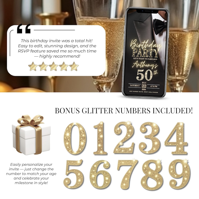 Men’s 50th birthday digital invitation with RSVP and gold glitter numbers 0–9 included. Editable Canva template for milestone birthday parties, featuring elegant black and gold design, instant download, and customizable text, photos, and age. Bonus glitter numbers make it easy to adapt the online birthday evite for any age, perfect for him or her.
