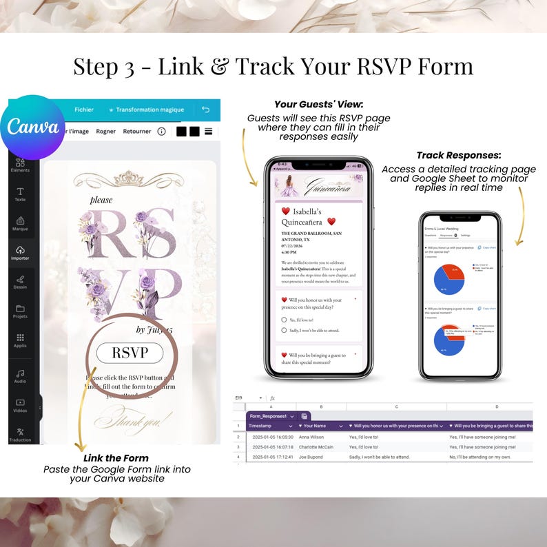 Track and Manage Your RSVP Responses with this Digital Editable Quinceañera Invitation
