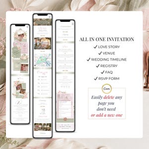 All in one wedding website invitation Canva template including love story, venue details, wedding timeline, registry, FAQ and editable RSVP form in pink sage green floral design