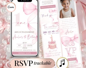 Invitación de primer cumpleaños con lazo rosa – Plantilla editable de Canva, registro de confirmación de asistencia (digital)