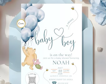 Printable Winnie the Pooh Baby Shower Invitation Boy – Teddy Bear Balloon Baby Shower Invite – Editable Canva
