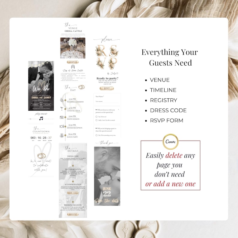 Editable Canva Wedding Website pages featuring venue, RSVP form, timeline, registry, dress code, accommodations, countdown and customizable sections for an elegant digital wedding invitation.