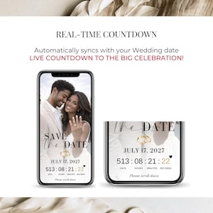 May include: A smartphone screen shows a wedding countdown with the text "Save the Date". The date is July 17, 2027, with a countdown timer. The image also includes the text "Real-Time Countdown" and "Live Countdown to the Big Celebration!"