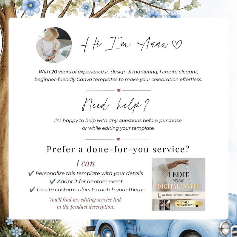 Meet the designer behind this Teddy Bear Baby Shower website invitation. Personalized Canva editing services, custom colors, event customization and friendly support before and after purchase.