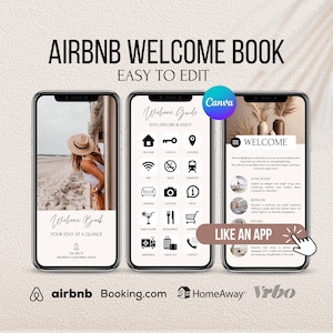 May include: A mockup of a welcome book for Airbnb guests. The book is designed to look like a mobile app and includes sections for welcome, living room, bedroom, kitchen, and like an app. The book is easy to edit and includes icons for wifi, rules, transport, amenities, activities, info, bars and clubs, restaurants, shopping, emergency, check out, and contact.