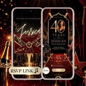 Puede incluir: Dos pantallas de smartphone muestran una invitación digital para el 40 cumpleaños de Jessica. El diseño incluye un sobre rojo con un sello de cera dorado, una alfombra roja, un coche antiguo y el texto: Cheers to 40 Years, Jessica's 40th Birthday, July 22.