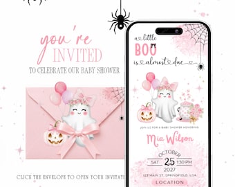 May include: A digital baby shower invitation featuring a pink envelope and a smartphone display. The design includes a cute ghost, pink balloons, a pumpkin, and a spider web. Text reads: you're INVITED, a little BOO is almost due, Mia Wilson, October 25 2027.