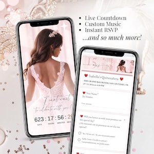 以下が含まれることがあります： 2つのスマートフォンには、キンスアニェーラへの招待状が表示されています。1つはカウントダウンタイマーとテキスト「I can't wait to celebrate with you！」を表示しています。もう1つは、日付、時刻、場所など、イベントの詳細を含むRSVPフォームを表示しています。