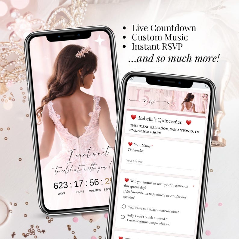 以下が含まれることがあります： 2つのスマートフォンには、キンスアニェーラへの招待状が表示されています。1つはカウントダウンタイマーとテキスト「I can't wait to celebrate with you！」を表示しています。もう1つは、日付、時刻、場所など、イベントの詳細を含むRSVPフォームを表示しています。