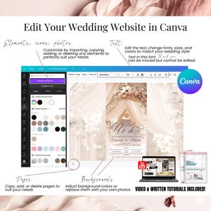 Edit your wedding website in Canva, personalized animated invitation pages, change photos, colors, backgrounds, fonts and layout, blush and burgundy floral wedding template, modern digital invite website for RSVP and full customization.