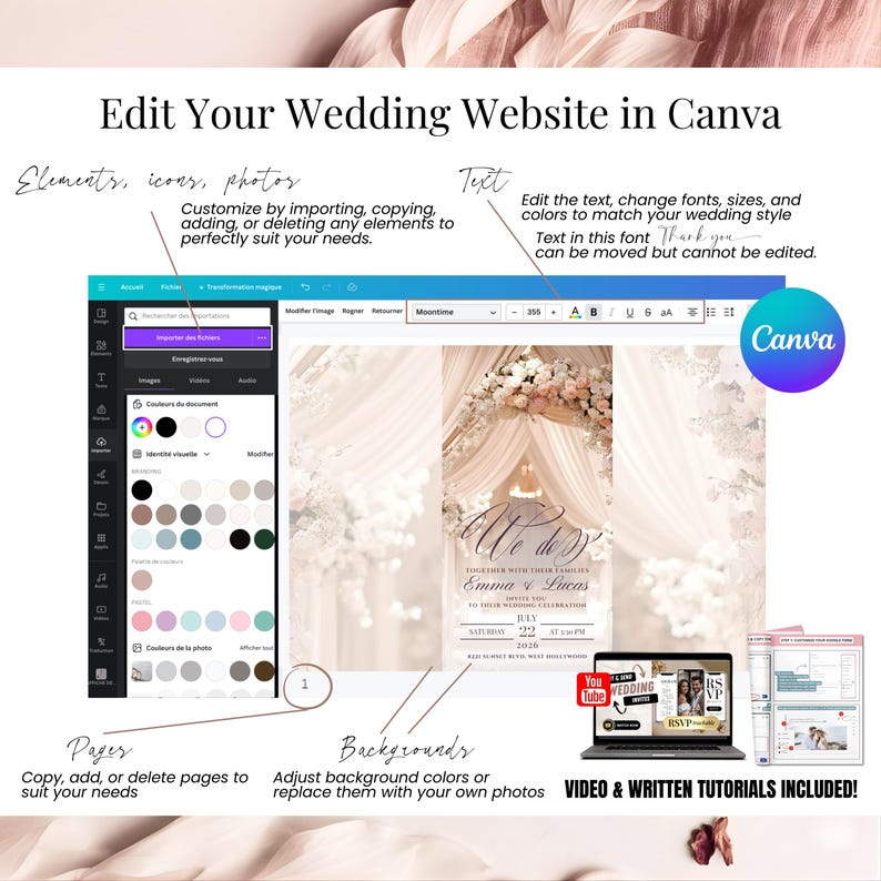 Edit your wedding website in Canva, personalized animated invitation pages, change photos, colors, backgrounds, fonts and layout, blush and burgundy floral wedding template, modern digital invite website for RSVP and full customization.