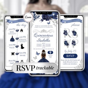Editable navy blue Quinceañera digital invitation with RSVP form. Elegant sweet 16 or Mis Quince Años event website template featuring floral silver design, RSVP tracking, event schedule, and Google Maps link. Perfect for 15th birthday party. Canva template shown on phone screens for instant download and customization.