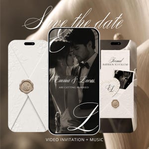 Puede incluir: Una plantilla de invitación de video digital Save the date con una fotografía en blanco y negro de una pareja, sobres blancos con patrones florales en relieve y sellos de cera dorados, y el texto Save the date, Emma & Lucas ARE GETTING MARRIED.