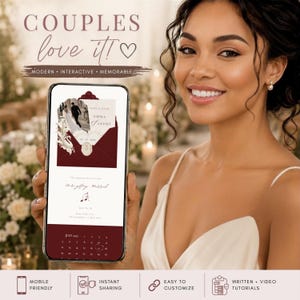 Smiling bride holding a smartphone displaying a burgundy and ivory wedding Save the Date website. Elegant digital wedding invitation template with mobile-friendly design, instant sharing and editable Canva features.