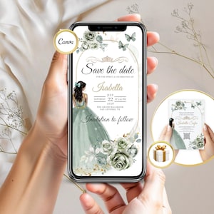 Quinceañera Save the Date Digitaal Saliegroen + GRATIS Gedrukte Uitnodiging – 5x7 Canva Sjabloon met QR-code voor 15e Verjaardag Meisje