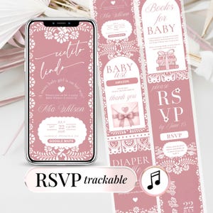 Peut inclure: Une invitation numérique pour une fête prénatale affichée sur un écran de smartphone et une mise en page verticale, avec un fond rose poudré, des bordures en dentelle blanche, des motifs floraux et le texte "cielito lindo" et "RSVP".