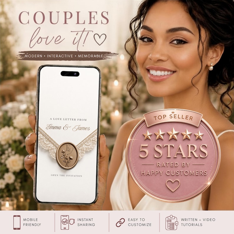 Luxury ivory Wedding Website Invitation with clickable envelope displayed on smartphone, elegant bride, five-star customer rating, mobile-friendly Canva wedding invitation template.