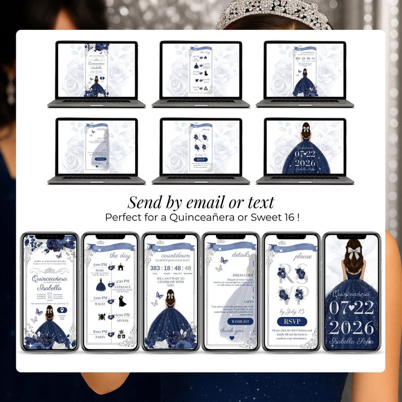 Navy blue Quinceañera digital invitation with RSVP, countdown timer, and event details. Editable Canva website template for Sweet 16 or Mis Quince Años. Includes laptop and phone previews showing RSVP form, schedule, dress code, and custom thank you page. Perfect for sending by email or text. Elegant blue and silver quince invite with floral design and princess theme.