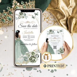 Quinceañera Save the Date Digital Sage Green + FREE Printed Invitation –  Modèle Canva 5x7 avec QR Code pour Anniversaire 15 ans Fille