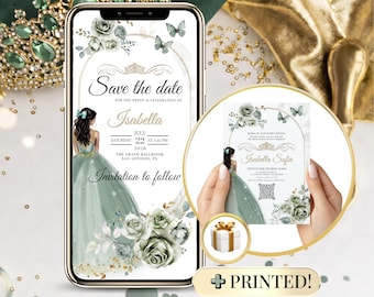 Quinceañera Save the Date Digital Sage Green + FREE Printed Invitation – Editable Canva Template with Music & QR Code  for Girl 15 Birthday