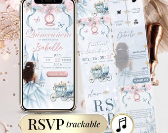 Cinderella Quinceañera Invitation | Pink Floral Sweet 16 Invite with RSVP (Digital)