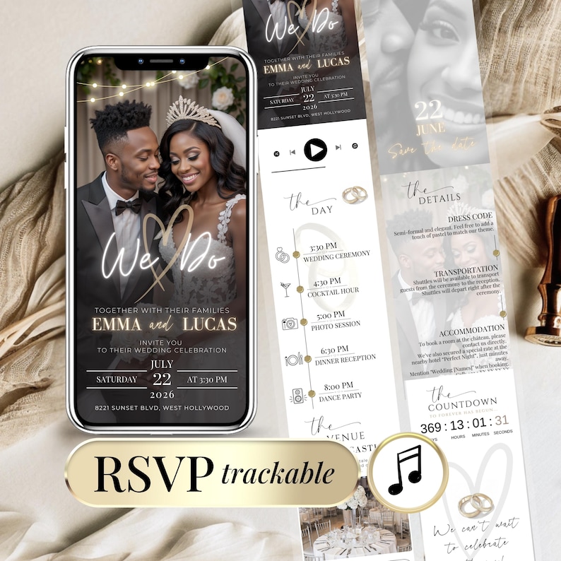 Digital wedding invitation with RSVP, animated Canva template website evite with countdown timer, music and black gold elegant design. Modern wedding RSVP invite website, editable wedding website template, trackable RSVP Google Form, wedding program timeline, wedding details, wedding countdown and interactive wedding website invitation. Perfect digital wedding invite for couples looking for stylish eco-friendly animated evite.