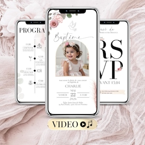 Faire-Part Baptême Fille à Personnaliser, Invitation Baptême Numérique, Modèle Canva à Éditer, Thème Floral Rose, Carte Baptême en Français