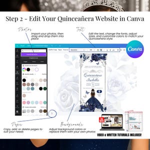 Step 2 – Edit your Quinceañera website in Canva. Customize text, fonts, colors, backgrounds, and layout for your Sweet 16 or Mis Quince Años invitation. Add or remove pages, import photos, and match your quince theme. Canva editor screenshot shows navy blue and silver digital invitation. Includes step-by-step video and written tutorials for easy setup.
