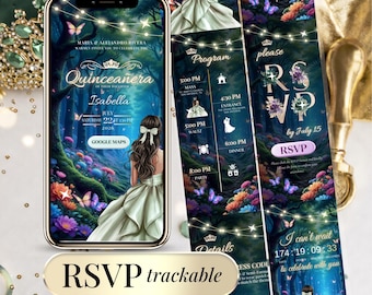 Enchanted Quinceanera Invitation Sweet 16 Invite Digital Editable Enchanted Forest Green Quinceanera Fairytale Template with Online RSVP