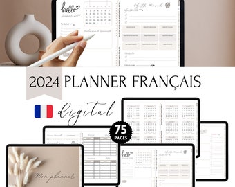 Planner francais 2024, Planificateur Numérique Hyperlié pour GoodNotes et Lecteurs PDF, Agenda Planner Digital en français daté pour 2024