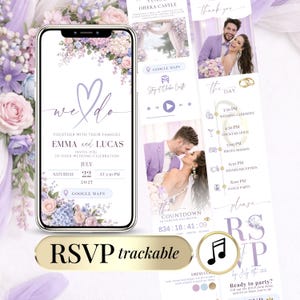 May include: A smartphone screen displaying a wedding invitation with floral decorations and the words "we do." The invitation includes the names Emma and Lucas, the date, and RSVP details. A gold bar at the bottom says "RSVP trackable."