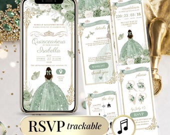 Quinceañera Einladung Sage Green Digital RSVP Online – Mis Quince 15 Anos Canva Bearbeitbare Vorlage Sweet 15 Birthday, Floral Sweet 16 Invite
