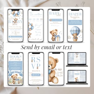 Send Baby Shower Invitation by email or text — Boy Blue Teddy Bear digital invite suite with RSVP form, mini website and printable versions. Canva editable design with multiple page formats, blue balloons, cute bear illustration, perfect for baby boy shower party organization.