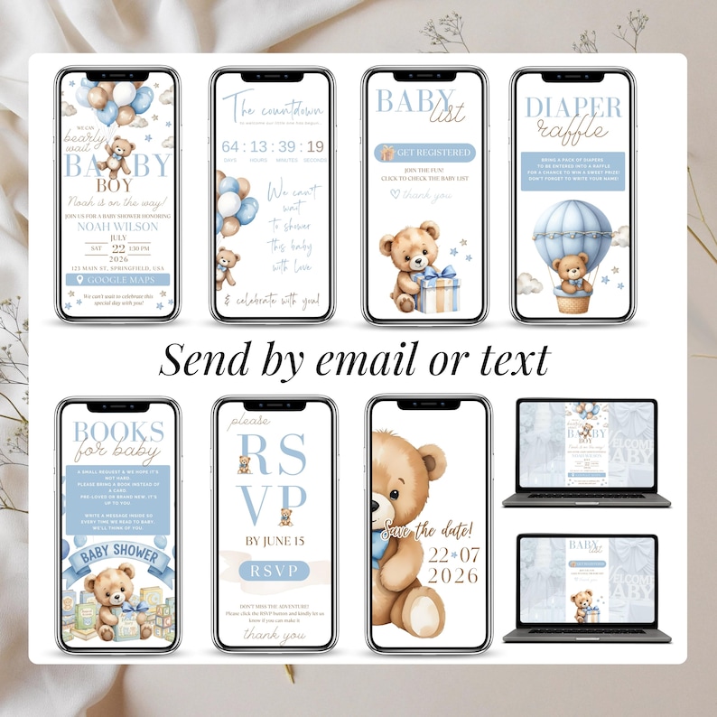 Send Baby Shower Invitation by email or text — Boy Blue Teddy Bear digital invite suite with RSVP form, mini website and printable versions. Canva editable design with multiple page formats, blue balloons, cute bear illustration, perfect for baby boy shower party organization.