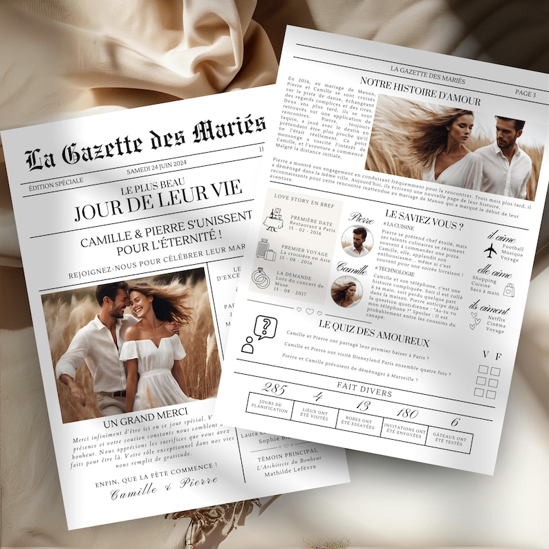 Gazette des Mariés Modèle Faire Part Mariage Template Canva Invitation Mariage Personnalisable Journal Mariage Modèle Canva A3 et A4