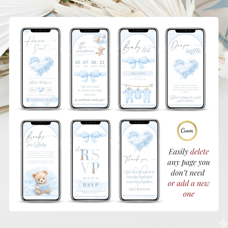 Multiple screen preview of Heaven Sent blue baby shower digital invitation. Editable Canva baby shower invite for baby boy with RSVP tracker and teddy cloud theme.