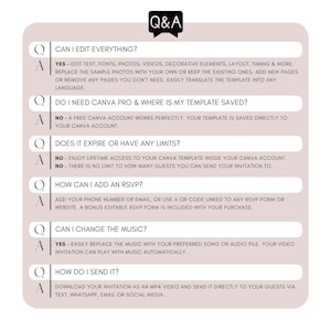 Q&A for a digital wedding invite Canva template covering editing, RSVP setup, music changes and how to send the finished MP4 video.