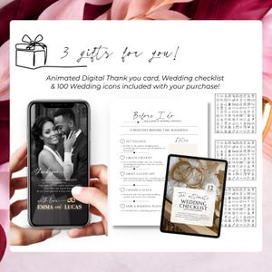 May include: A digital wedding package includes an animated thank you card, wedding checklist, and 100 wedding icons. The image shows a smartphone with a couple's photo and text, a checklist, and a tablet with wedding rings.