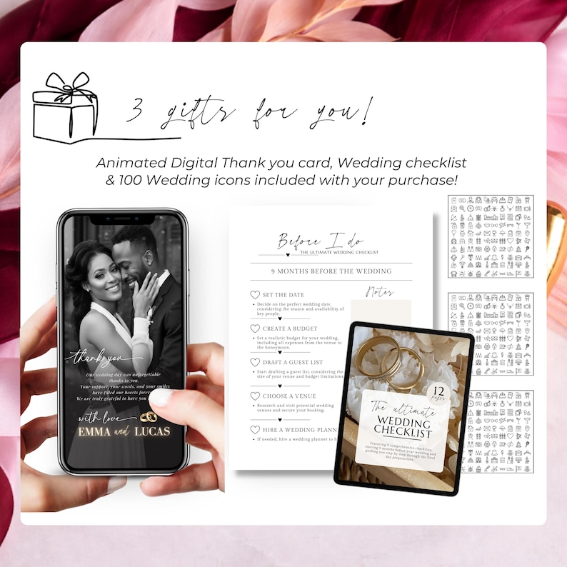 May include: A digital wedding package includes an animated thank you card, wedding checklist, and 100 wedding icons. The image shows a smartphone with a couple's photo and text, a checklist, and a tablet with wedding rings.