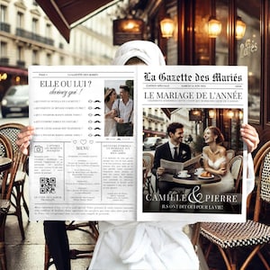 Gazette des Mariés en Français – Faire-Part de Mariage Canva 4 Pages A3 A4 A5, Personnalisable et Unique pour Invitation de Mariage Créative