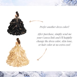 Customizable Cinderella Quinceañera invitation template with free dress color changes. Personalize gown color, skin tone, and hair color after purchase. Perfect for creating a unique princess-themed XV Años invitation.