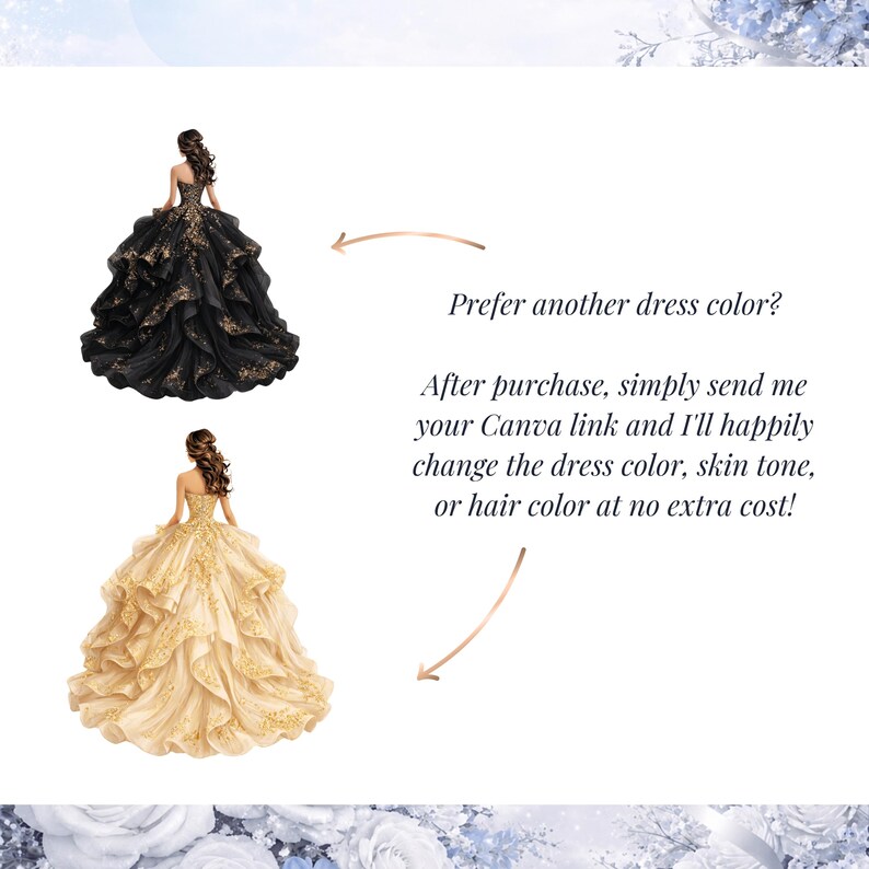 Customizable Cinderella Quinceañera invitation template with free dress color changes. Personalize gown color, skin tone, and hair color after purchase. Perfect for creating a unique princess-themed XV Años invitation.