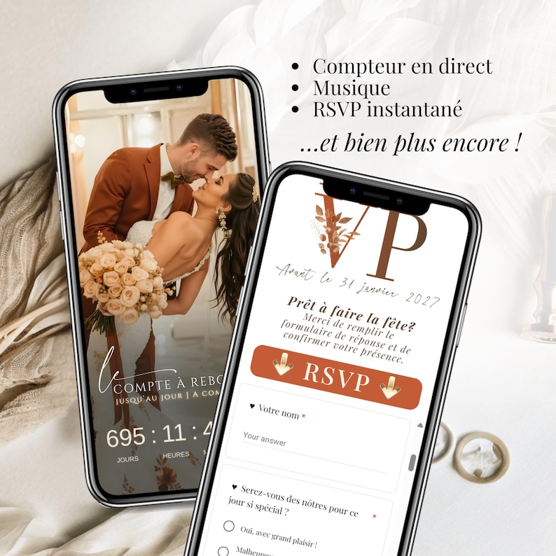 Invitation de mariage numérique avec RSVP interactif, musique intégrée et design terracotta élégant éditable sur Canva