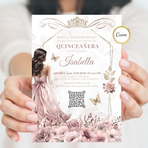 Quinceanera Blush Pink Invitation Template - Floral Mis XV anos Sweet 15 Sweet 16 Invite Birthday 15th – Printable Crown Princess Invite
