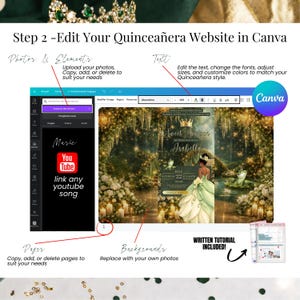 Fairytale quinceañera invitation template with princess dress and frog theme, green gold Canva digital invite with RSVP website and customizable layout