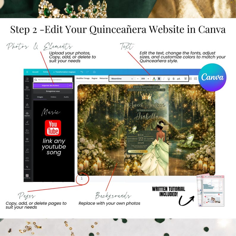 Fairytale quinceañera invitation template with princess dress and frog theme, green gold Canva digital invite with RSVP website and customizable layout