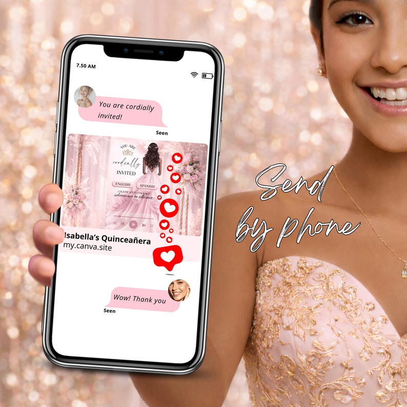 Elegant pink and gold digital Quinceañera invitation website with clickable RSVP tracker, princess-inspired design, mobile-friendly layout, and editable Canva template for Mis 15 and Sweet 16 celebrations.