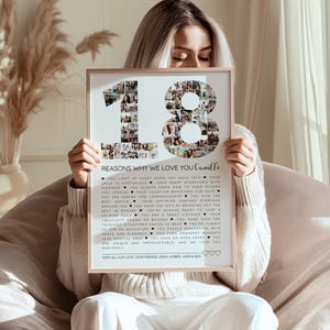 Puede incluir: Un collage de fotos enmarcado con el número "18" hecho de fotos pequeñas. El texto "REASONS WHY WE LOVE YOU Camille" está en la parte inferior, junto con una lista de razones. El marco es blanco, y el tema general es un regalo de cumpleaños.